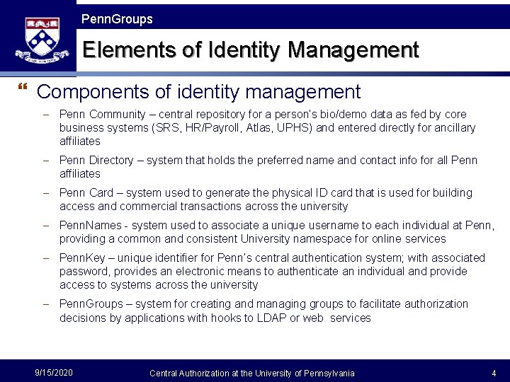 Penn Groups Penn. Groups Elements of Identity Management } Components of identity management –