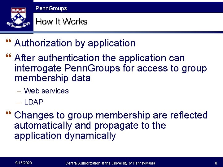 Penn Groups Penn. Groups How It Works } Authorization by application } After authentication