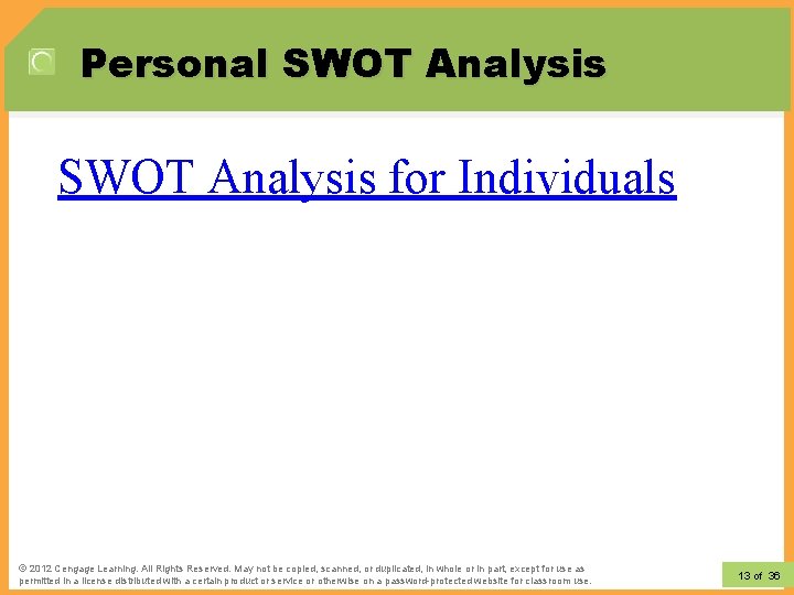 Personal SWOT Analysis for Individuals © 2012 Learning. All Rights Reserved. May not be