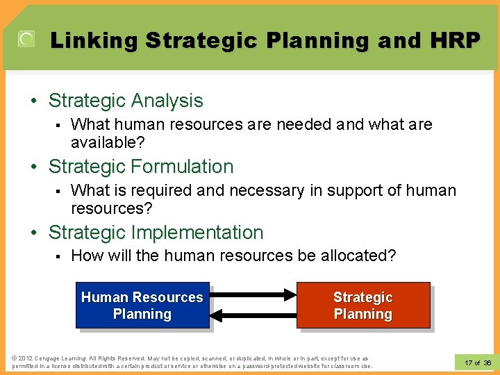Linking Strategic Planning and HRP • Strategic Analysis § What human resources are needed