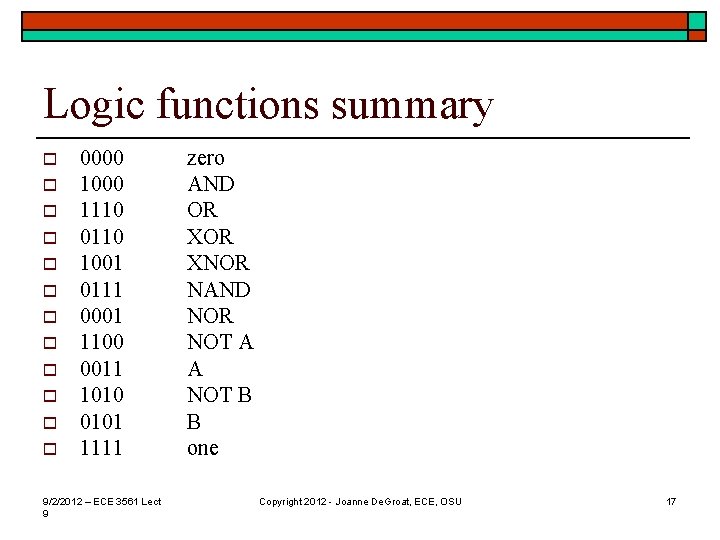 Logic functions summary o o o 0000 1110 0110 1001 0111 0001 1100 0011