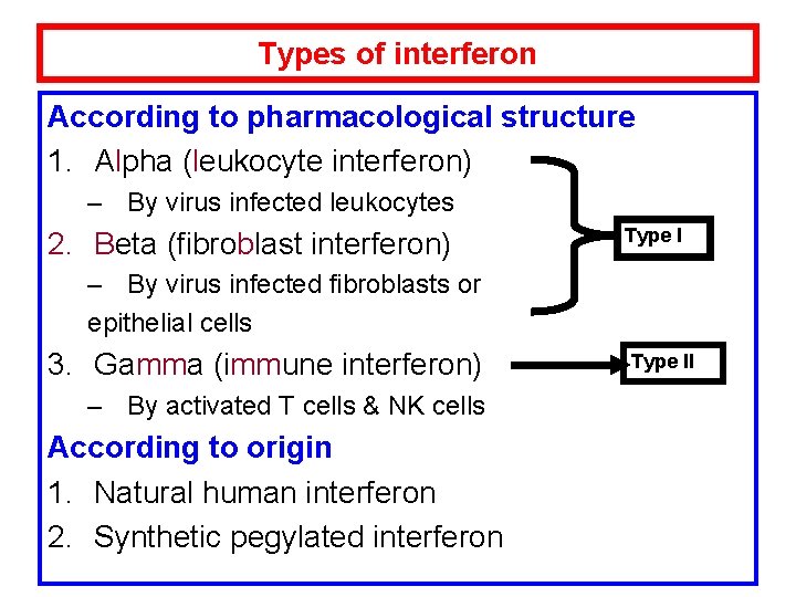 Types of interferon According to pharmacological structure 1. Alpha (leukocyte interferon) – By virus