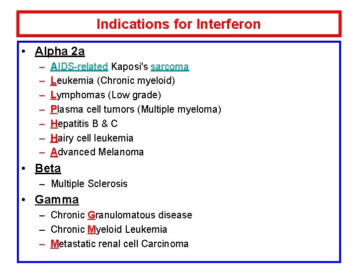 Indications for Interferon • Alpha 2 a – – – – AIDS-related Kaposi's sarcoma