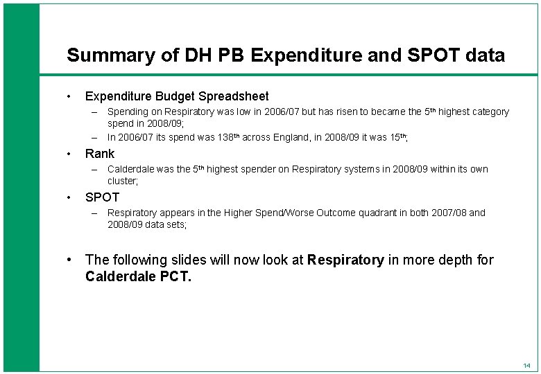 Summary of DH PB Expenditure and SPOT data • Expenditure Budget Spreadsheet – Spending