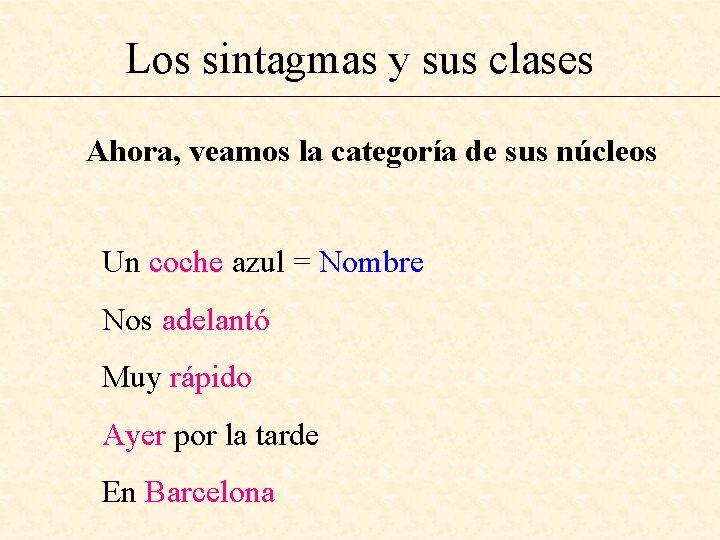 Los sintagmas y sus clases Ahora, veamos la categoría de sus núcleos Un coche