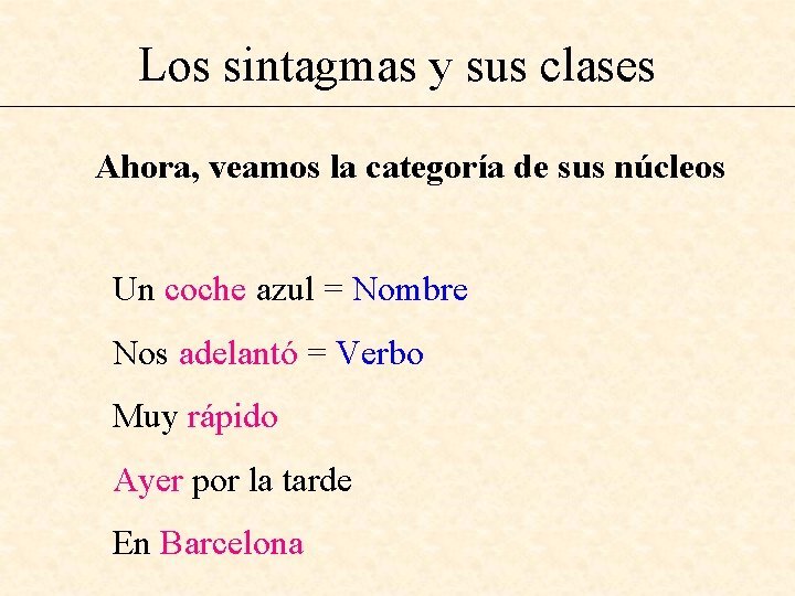 Los sintagmas y sus clases Ahora, veamos la categoría de sus núcleos Un coche