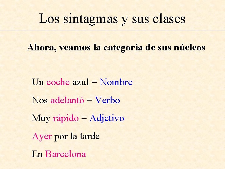 Los sintagmas y sus clases Ahora, veamos la categoría de sus núcleos Un coche
