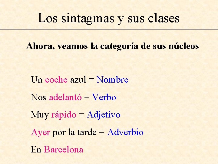 Los sintagmas y sus clases Ahora, veamos la categoría de sus núcleos Un coche