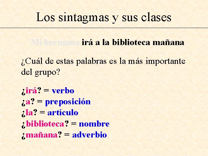 Los sintagmas y sus clases Mi hermana irá a la biblioteca mañana ¿Cuál de