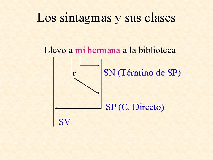 Los sintagmas y sus clases Llevo a mi hermana a la biblioteca r SN