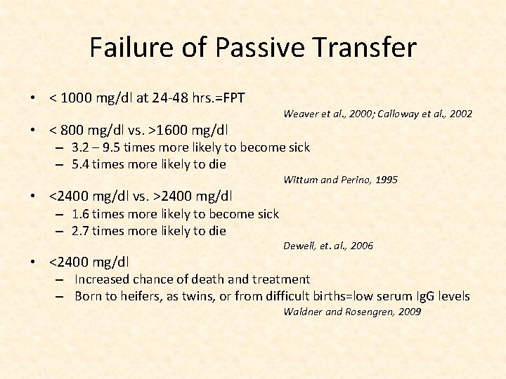 Failure of Passive Transfer • < 1000 mg/dl at 24 -48 hrs. =FPT •