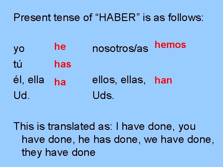 Present tense of “HABER” is as follows: he yo has tú él, ella ha