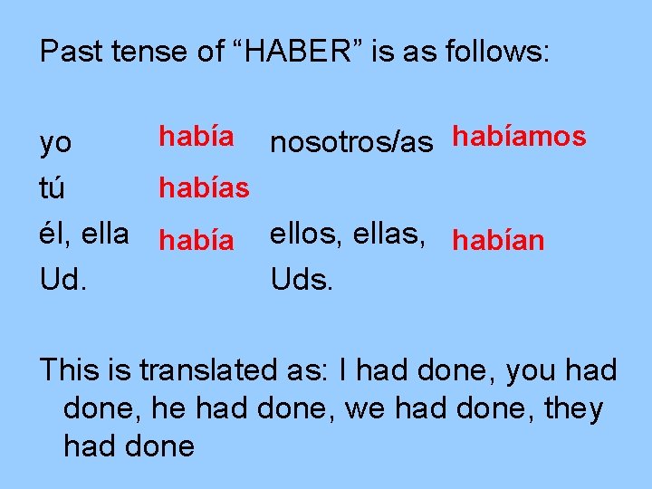 Past tense of “HABER” is as follows: había nosotros/as habíamos yo habías tú él,