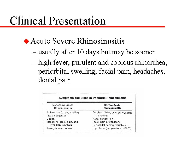 Clinical Presentation u Acute Severe Rhinosinusitis – usually after 10 days but may be