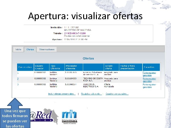 Apertura: visualizar ofertas Una vez que todos firmaron se pueden ver las ofertas 