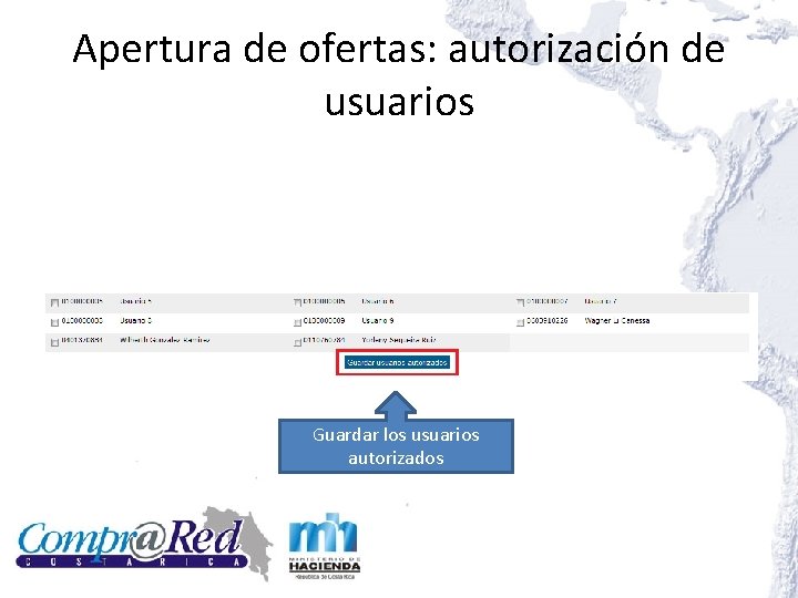 Apertura de ofertas: autorización de usuarios Guardar los usuarios autorizados 