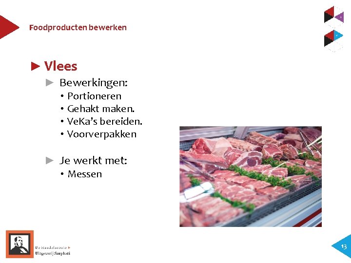 Foodproducten bewerken ► Vlees ► Bewerkingen: • Portioneren • Gehakt maken. • Ve. Ka’s
