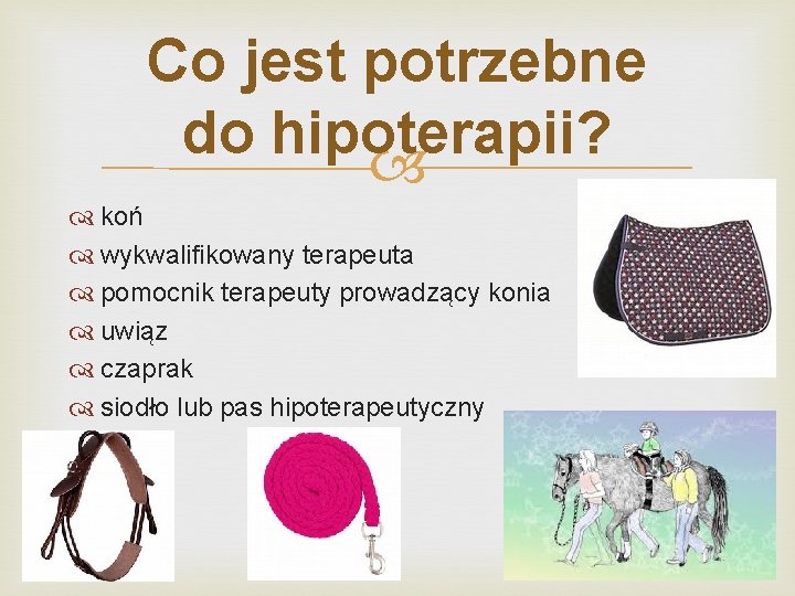 Co jest potrzebne do hipoterapii? koń wykwalifikowany terapeuta pomocnik terapeuty prowadzący konia uwiąz czaprak