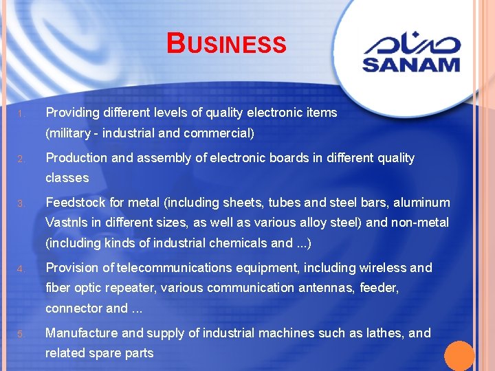 BUSINESS 1. Providing different levels of quality electronic items (military - industrial and commercial)