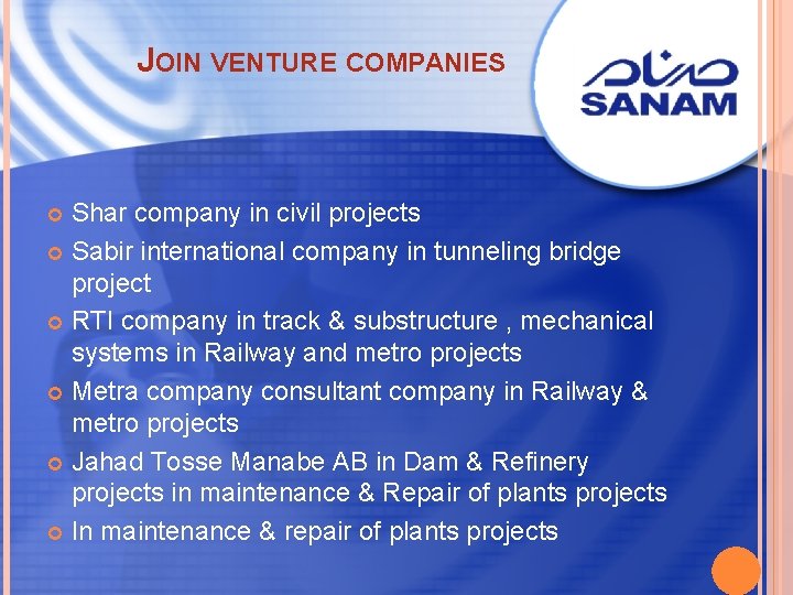 JOIN VENTURE COMPANIES Shar company in civil projects Sabir international company in tunneling bridge