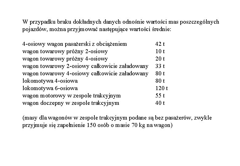W przypadku braku dokładnych danych odnośnie wartości mas poszczególnych pojazdów, można przyjmować następujące wartości W przypadku braku dokładnych danych odnośnie wartości mas poszczególnych pojazdów, można przyjmować następujące wartości