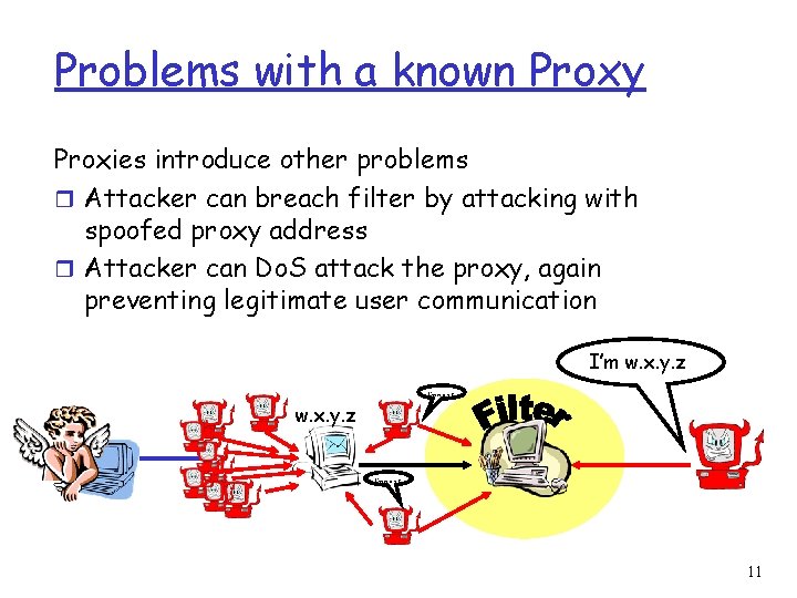 Problems with a known Proxy Proxies introduce other problems r Attacker can breach filter