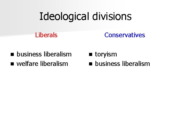 Ideological divisions Liberals business liberalism n welfare liberalism n Conservatives toryism n business liberalism