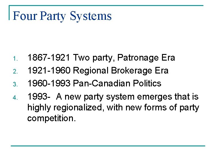 Four Party Systems 1. 2. 3. 4. 1867 -1921 Two party, Patronage Era 1921