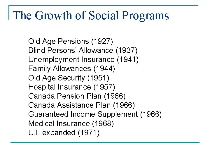 The Growth of Social Programs Old Age Pensions (1927) Blind Persons’ Allowance (1937) Unemployment