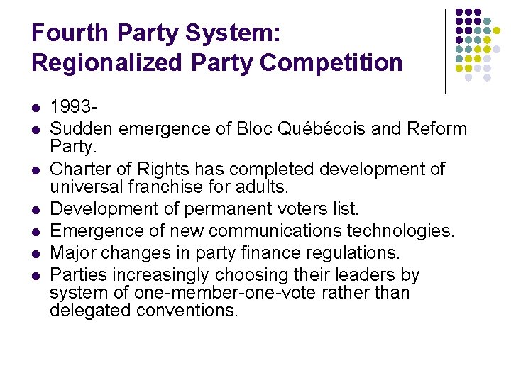 Fourth Party System: Regionalized Party Competition l l l l 1993 Sudden emergence of