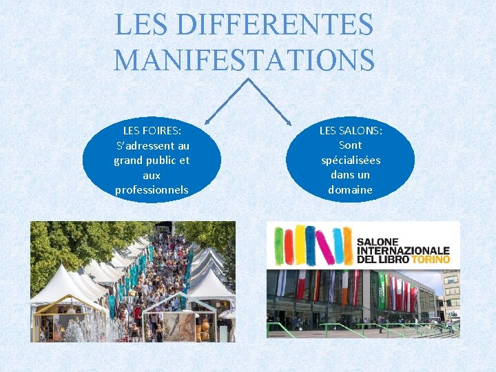 LES DIFFERENTES MANIFESTATIONS LES FOIRES: S’adressent au grand public et aux professionnels LES SALONS: