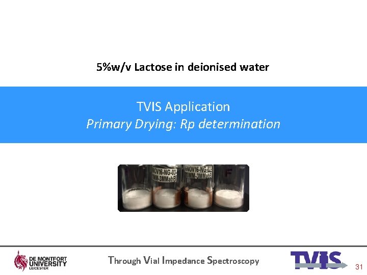 5%w/v Lactose in deionised water TVIS Application Primary Drying: Rp determination Through Vial Impedance