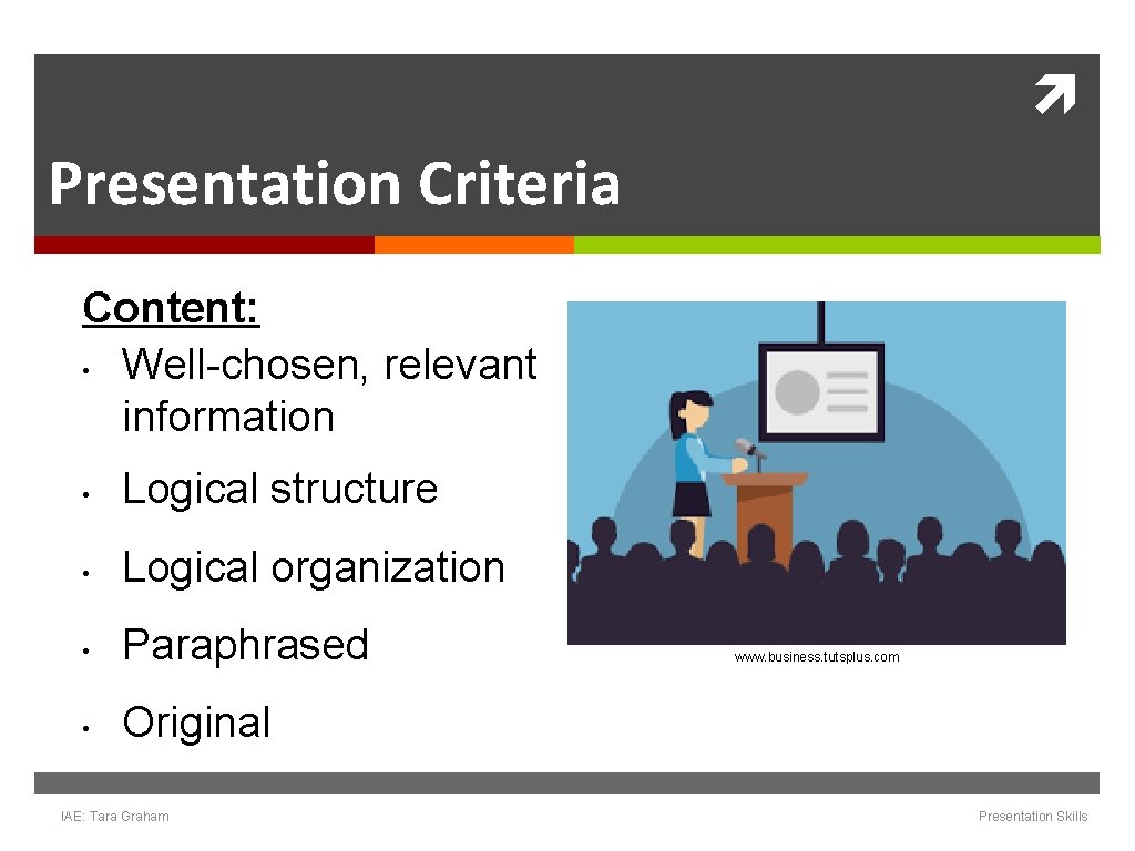 Presentation Criteria Content: • Well-chosen, relevant information • Logical structure • Logical organization Presentation Criteria Content: • Well-chosen, relevant information • Logical structure • Logical organization