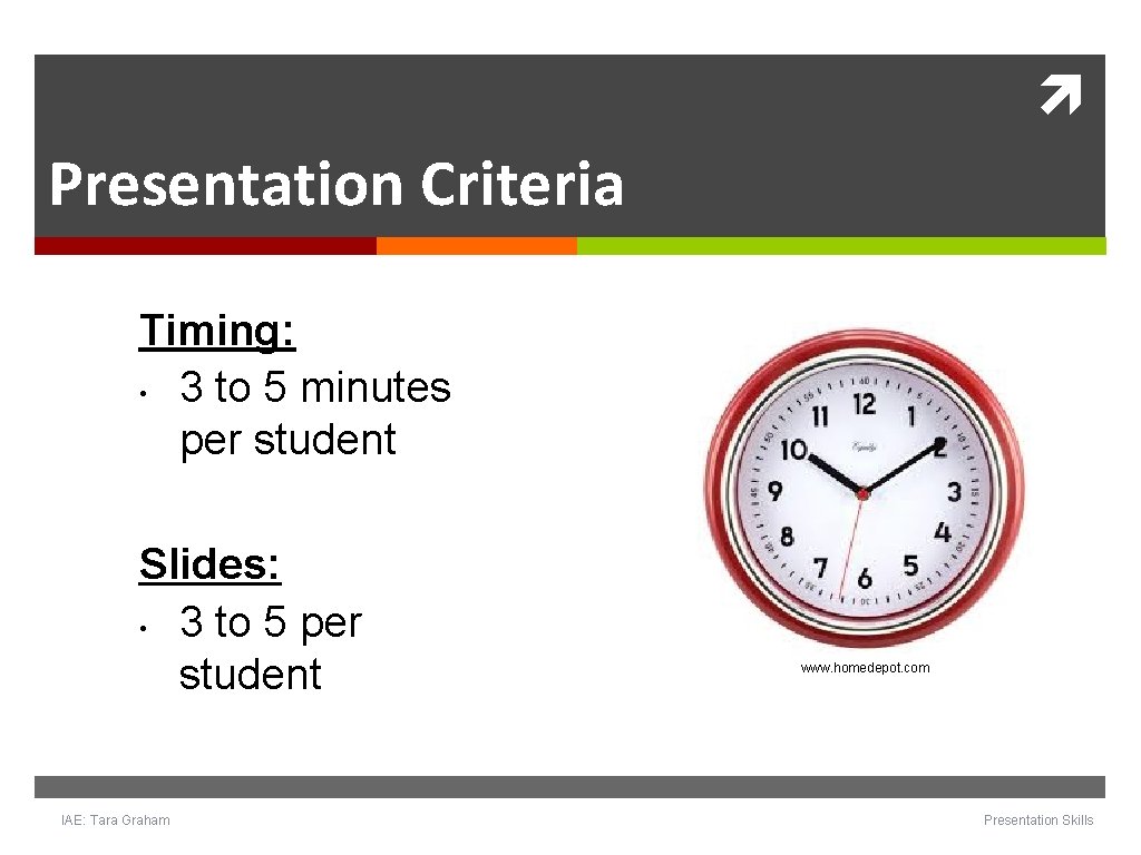 Presentation Criteria Timing: • 3 to 5 minutes per student Slides: • 3 Presentation Criteria Timing: • 3 to 5 minutes per student Slides: • 3