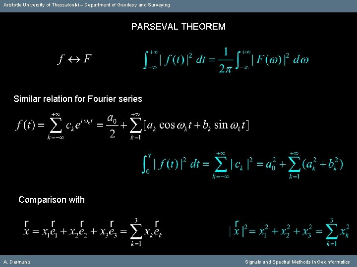 Aristotle University of Thessaloniki – Department of Geodesy and Surveying PARSEVAL THEOREM Similar relation