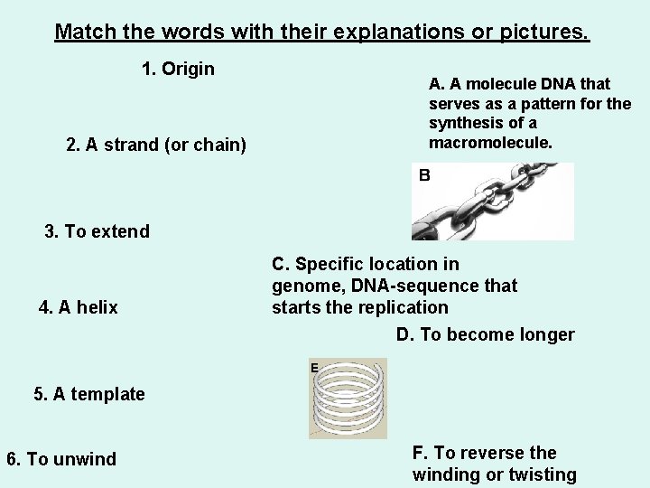 Match the words with their explanations or pictures. 1. Origin 2. A strand (or