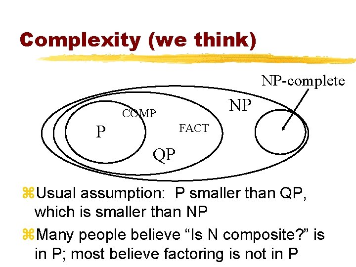 Complexity (we think) NP-complete NP COMP FACT P QP z. Usual assumption: P smaller