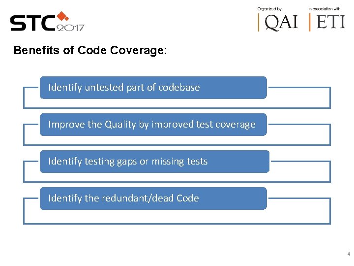 Benefits of Code Coverage: Identify untested part of codebase Improve the Quality by improved Benefits of Code Coverage: Identify untested part of codebase Improve the Quality by improved