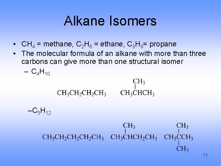 Alkane Isomers • CH 4 = methane, C 2 H 6 = ethane, C