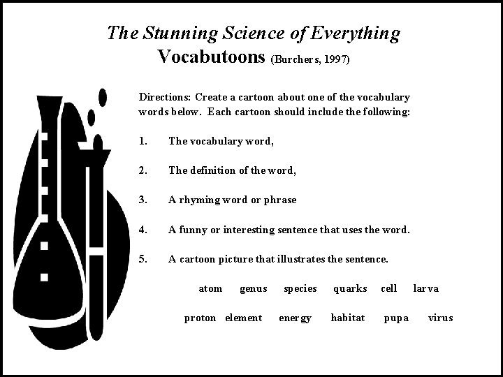 The Stunning Science of Everything Vocabutoons (Burchers, 1997) Directions: Create a cartoon about one