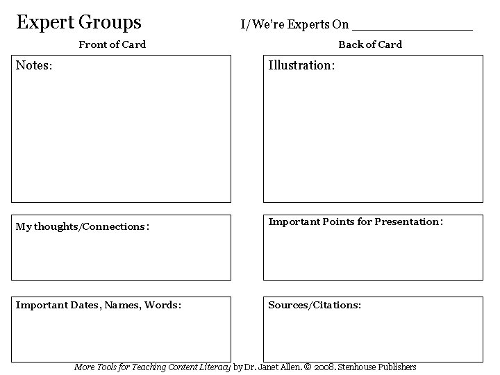 Expert Groups I/We’re Experts On ________ Front of Card Notes: Back of Card Illustration: