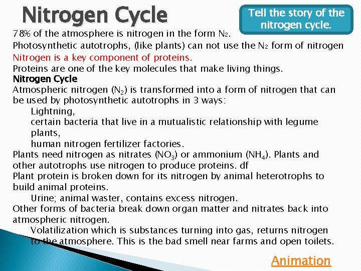 Nitrogen Cycle Tell the story of the nitrogen cycle. 78% of the atmosphere is