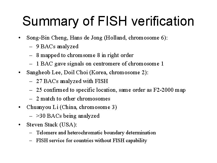 Summary of FISH verification • Song-Bin Cheng, Hans de Jong (Holland, chromosome 6): –