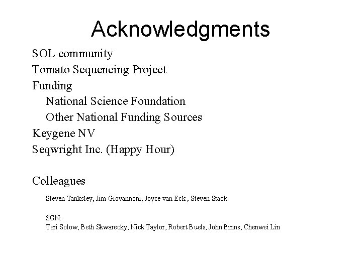 Acknowledgments SOL community Tomato Sequencing Project Funding National Science Foundation Other National Funding Sources