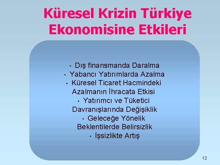 Küresel Krizin Türkiye Ekonomisine Etkileri Dış finansmanda Daralma • Yabancı Yatırımlarda Azalma • Küresel Küresel Krizin Türkiye Ekonomisine Etkileri Dış finansmanda Daralma • Yabancı Yatırımlarda Azalma • Küresel
