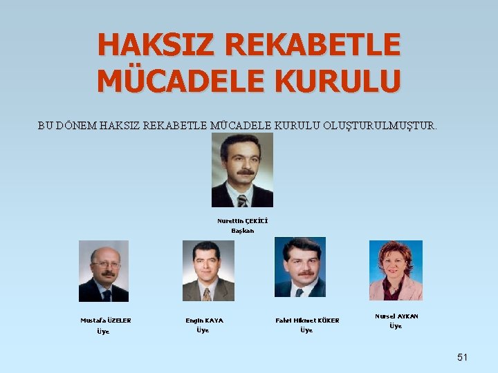 HAKSIZ REKABETLE MÜCADELE KURULU BU DÖNEM HAKSIZ REKABETLE MÜCADELE KURULU OLUŞTURULMUŞTUR. Nurettin ÇEKİCİ Başkan HAKSIZ REKABETLE MÜCADELE KURULU BU DÖNEM HAKSIZ REKABETLE MÜCADELE KURULU OLUŞTURULMUŞTUR. Nurettin ÇEKİCİ Başkan