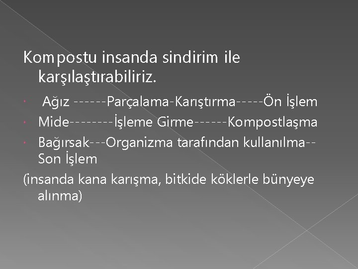 Kompostu insanda sindirim ile karşılaştırabiliriz. Ağız ------Parçalama-Karıştırma-----Ön İşlem Mide----İşleme Girme------Kompostlaşma Bağırsak---Organizma tarafından kullanılma-Son İşlem