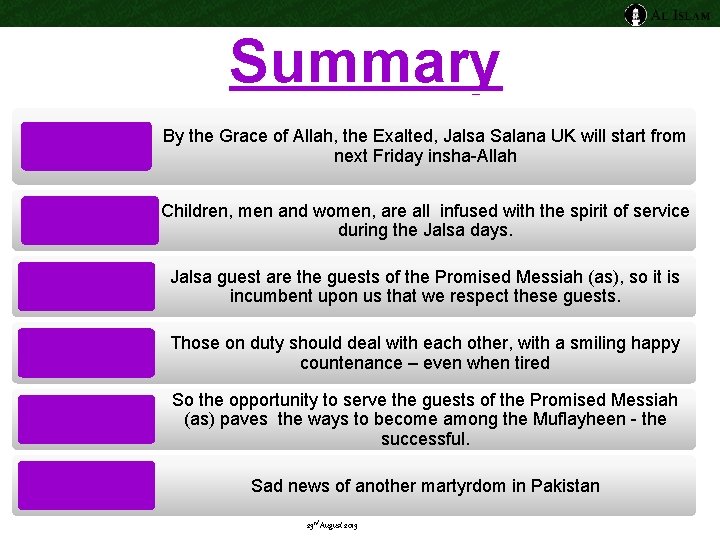 Summary By the Grace of Allah, the Exalted, Jalsa Salana UK will start from