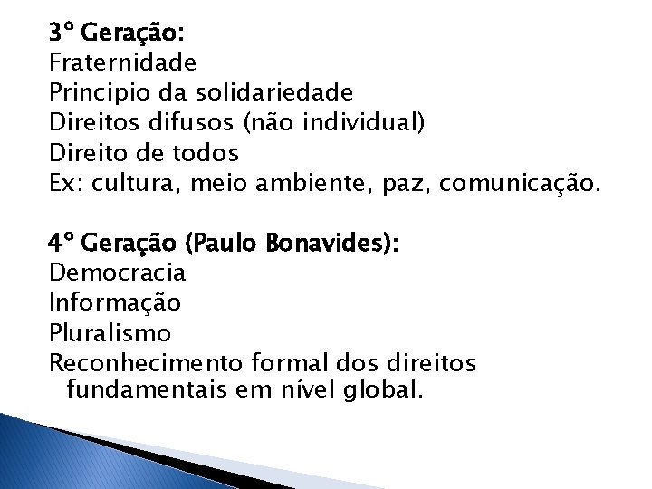 3º Geração: Fraternidade Principio da solidariedade Direitos difusos (não individual) Direito de todos Ex: