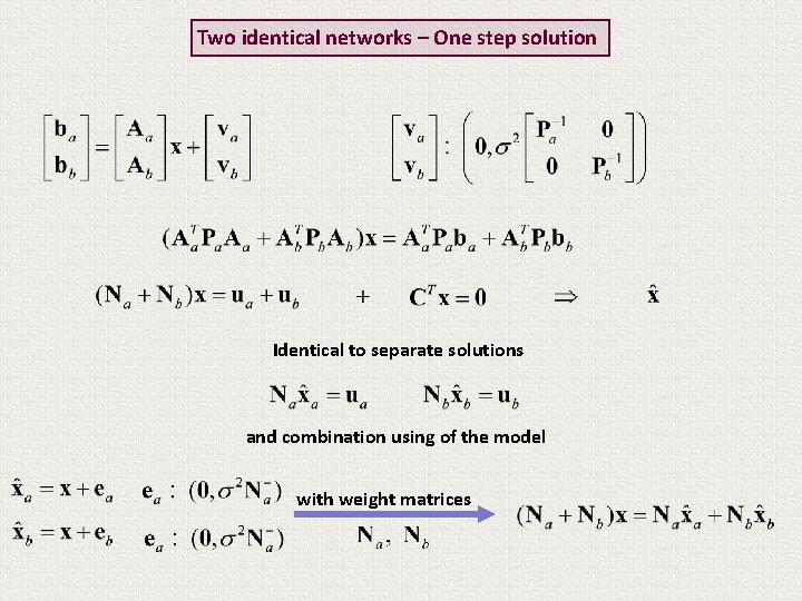 Two identical networks – One step solution Identical to separate solutions and combination using